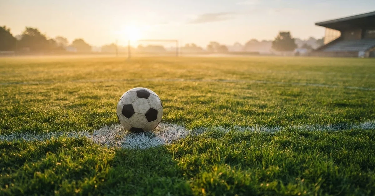 Een voetbal op de middenstip van een grasveld in het ochtendlicht
