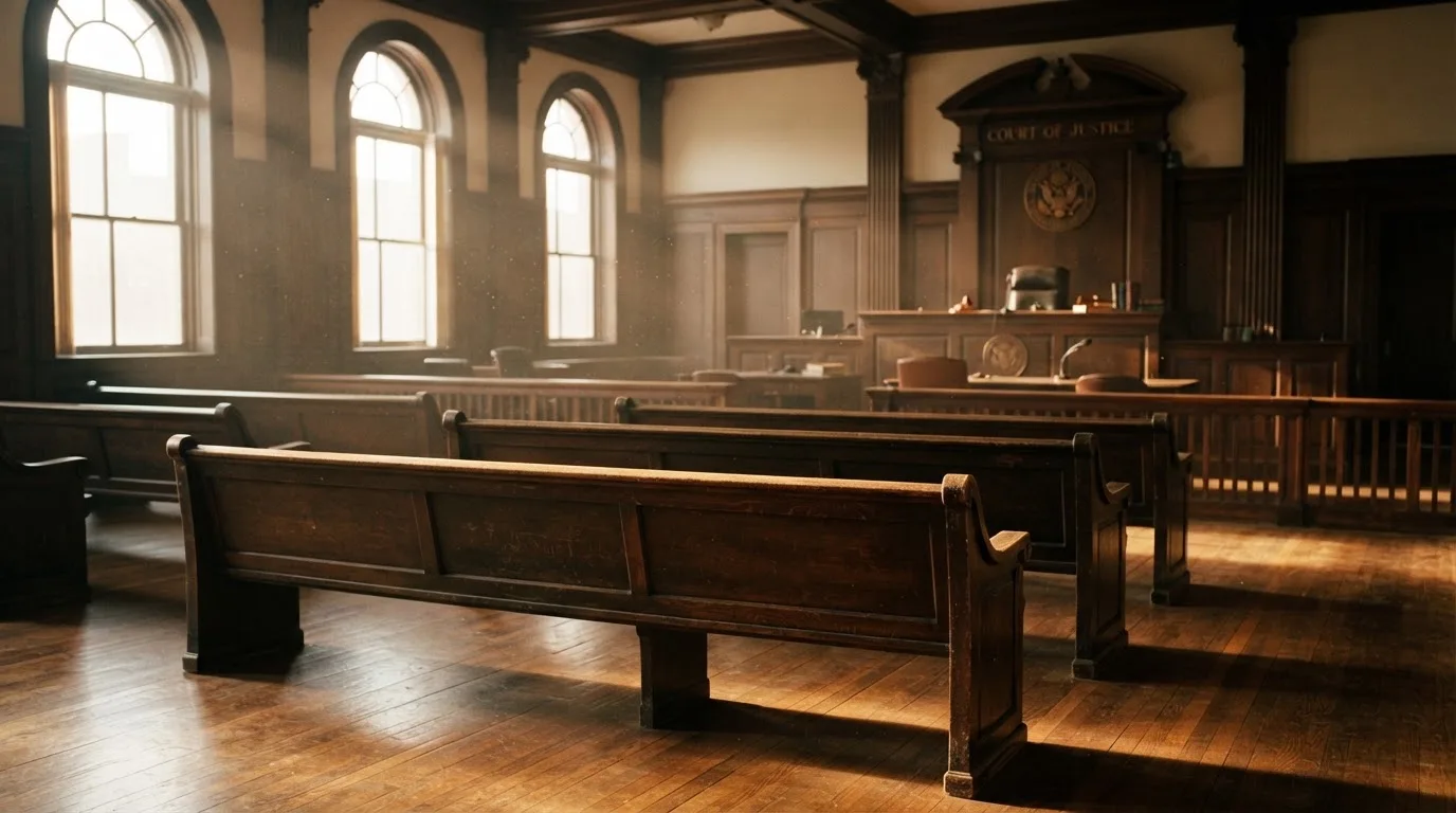 Een lege rechtszaal met houten banken in het ochtendlicht