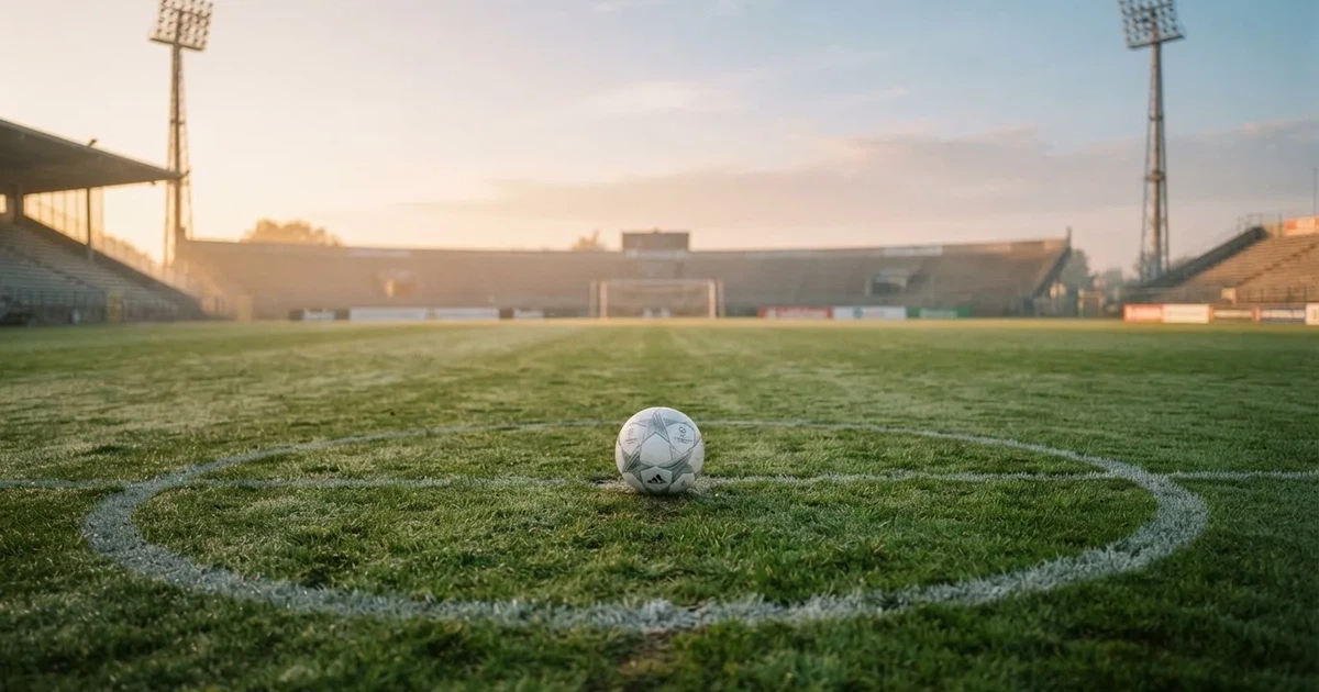 Een voetbal op de middenstip van een grasveld in het ochtendlicht