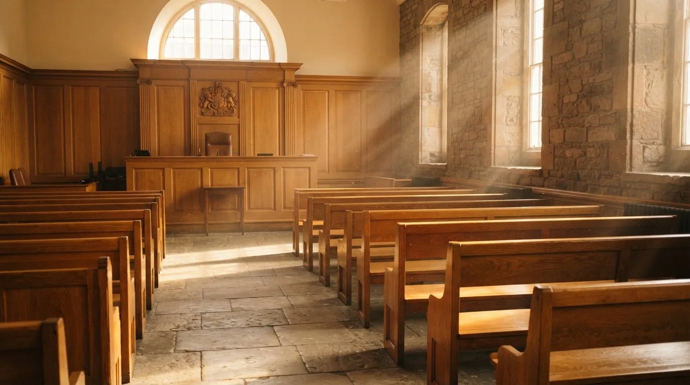Een lege rechtszaal met houten banken in het ochtendlicht