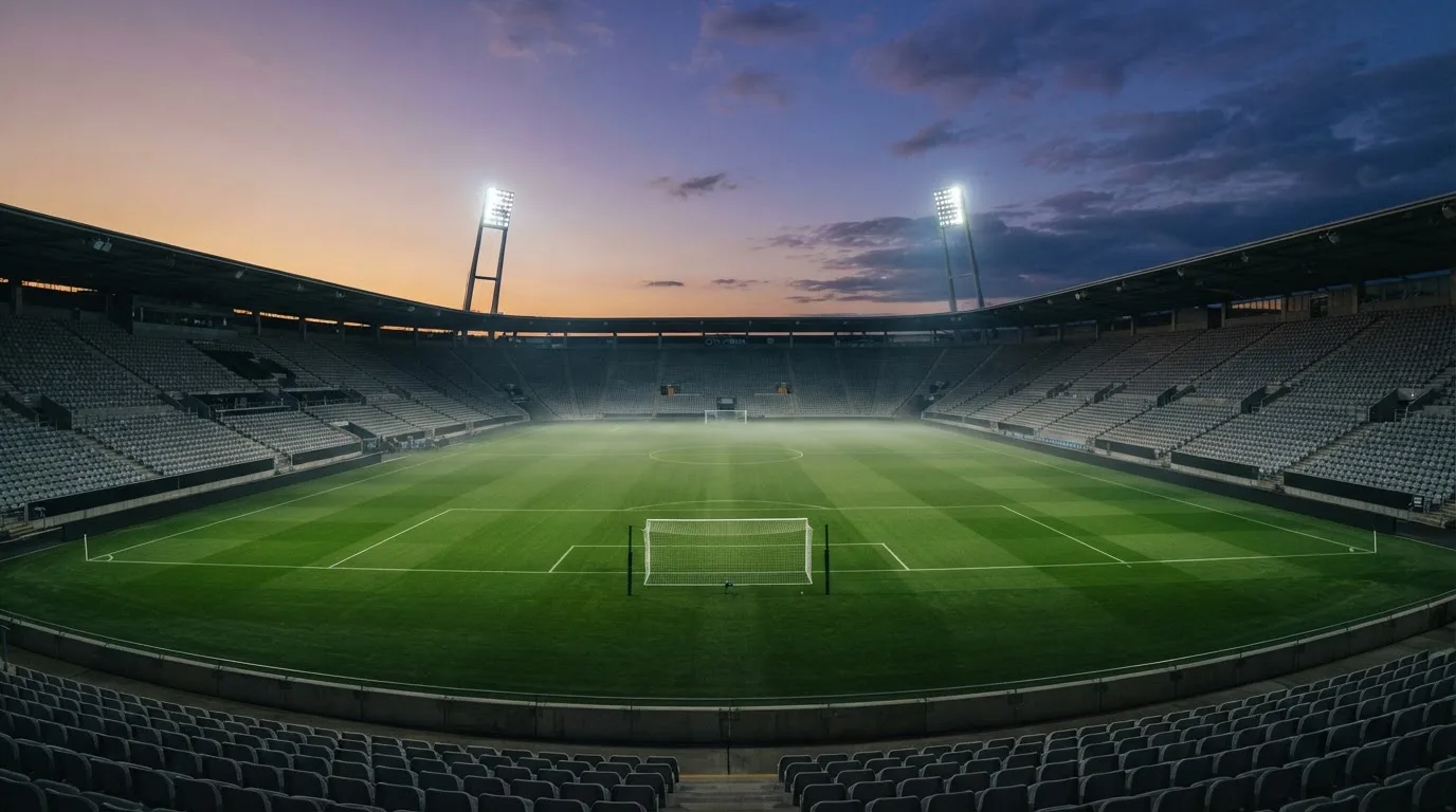 Een leeg voetbalstadion met lichtmasten bij schemering