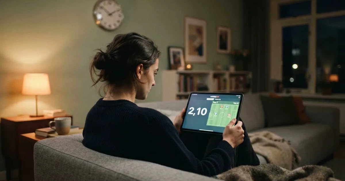 Een persoon op de bank kijkt peinzend naar een tablet, op de achtergrond een klok aan de muur