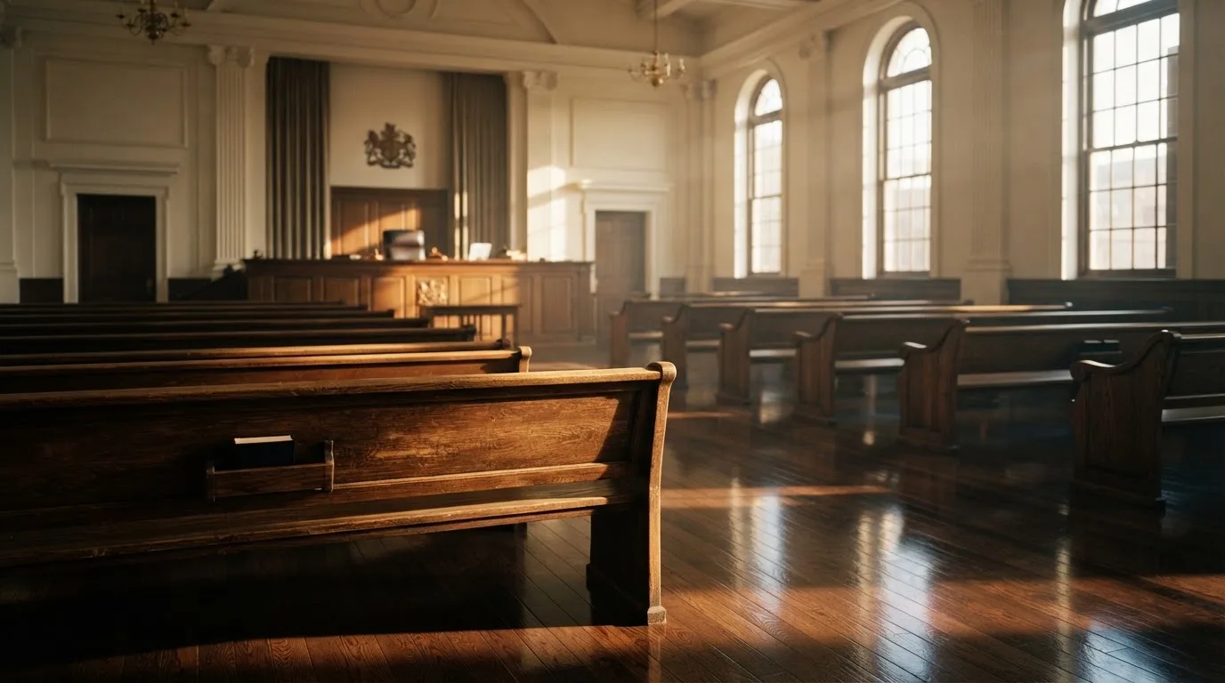 Een lege rechtszaal met houten banken in het ochtendlicht
